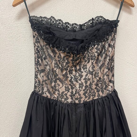 Vtg 80's Gunne Sax Jessica McClintock Black Taffeta Lace Strapless Dress sz 7 - Picture 4 of 8